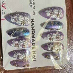 Handmade Press On Nails Lavender Floral Elegant Glue On‎ Nails